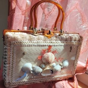 *RARE* Beautiful Vintage 50s/60s Org Wicker Woven Handbag Purse Seashells Coral